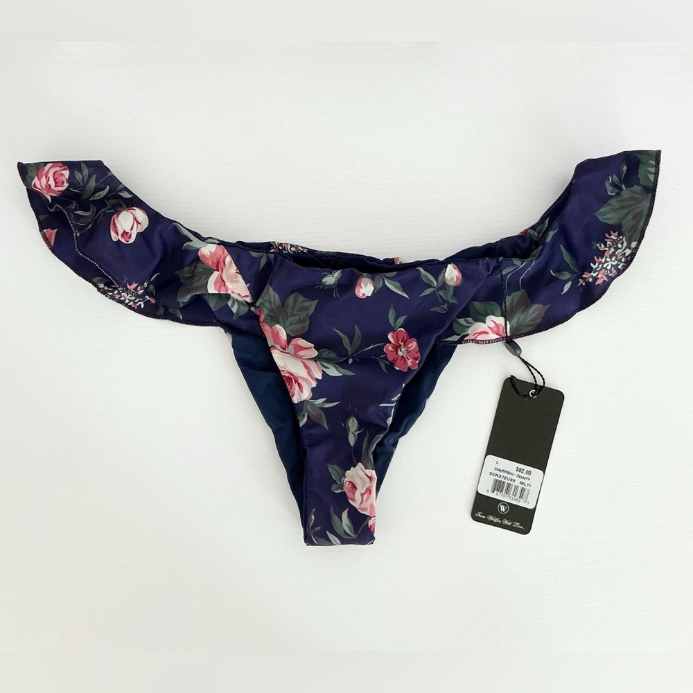 New Wildfox Gypsy Flower Blue Ruffle Brazilian Bikini Bottoms Size Large